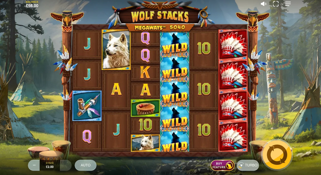 Wolf Stacks Megaways - Full Reel Stacked Wild Symbols During Free Spins Feature